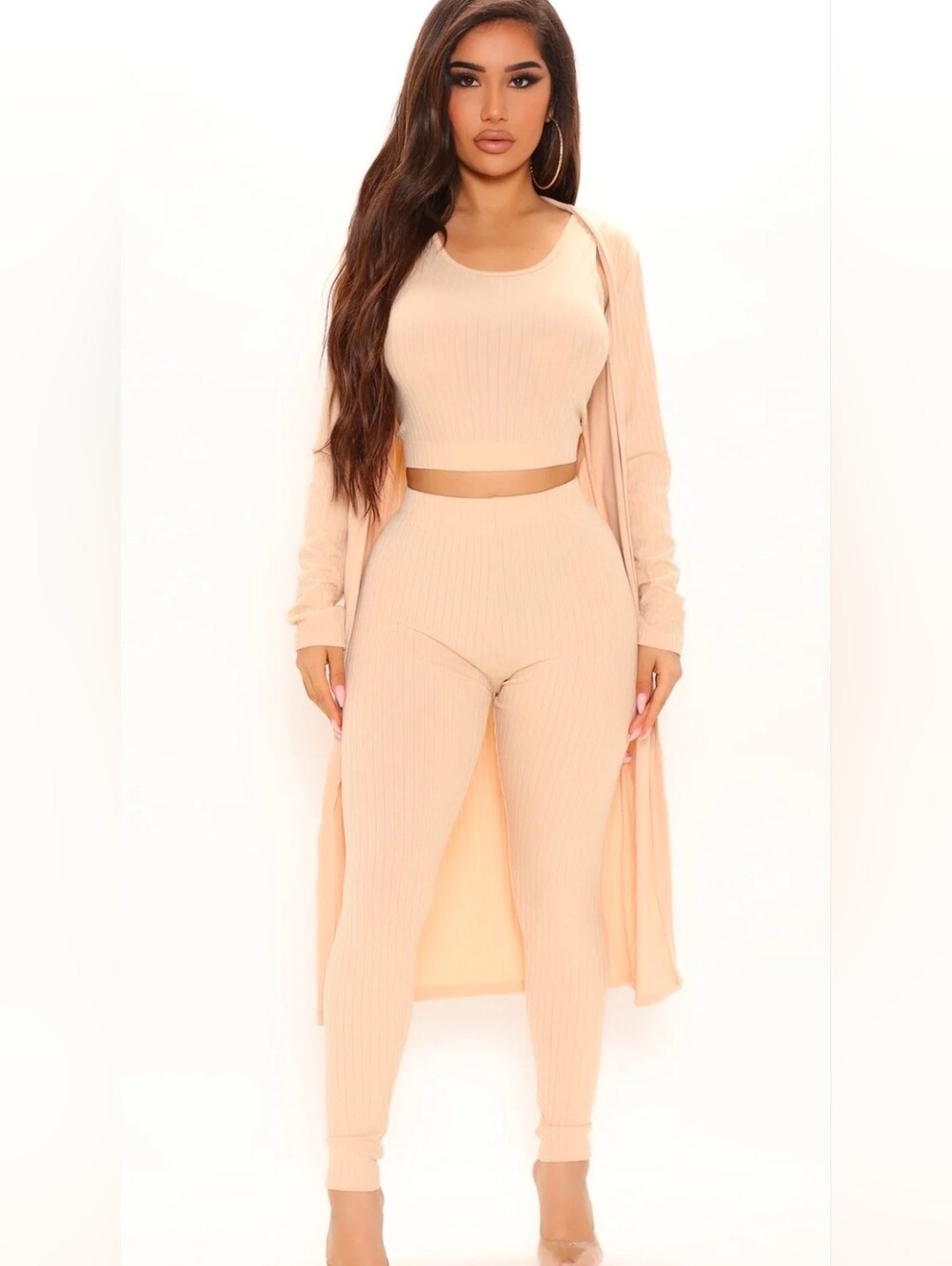 3-Piece Ribbed Lounge Set in Nude Peach Sz 2x